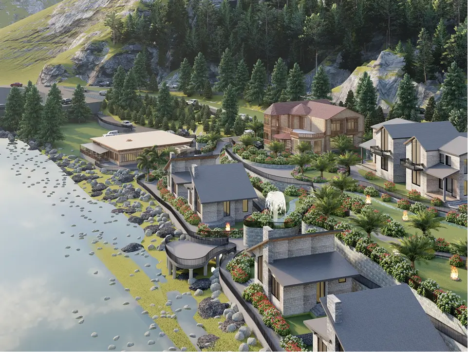Aerial render of the eco-luxury resort beside the water