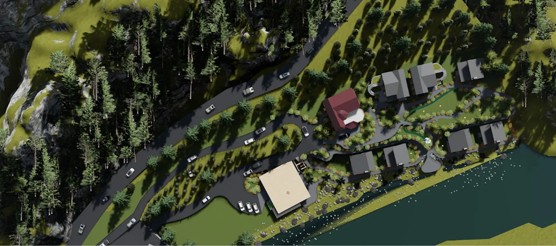 Aerial render of the eco-resort beside the water