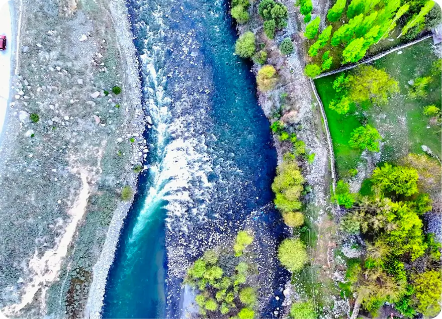 Aerial view of the river running through Astore Valley